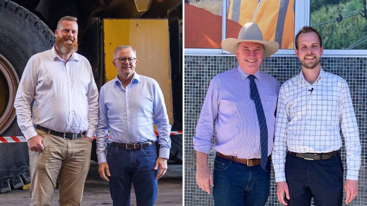 TIME AND ATTENTION: Labor leader Anthony Albenese with the party's Hunter candidate Dan Repacholi and Nationals leader Barnaby Joyce with James Thomson.