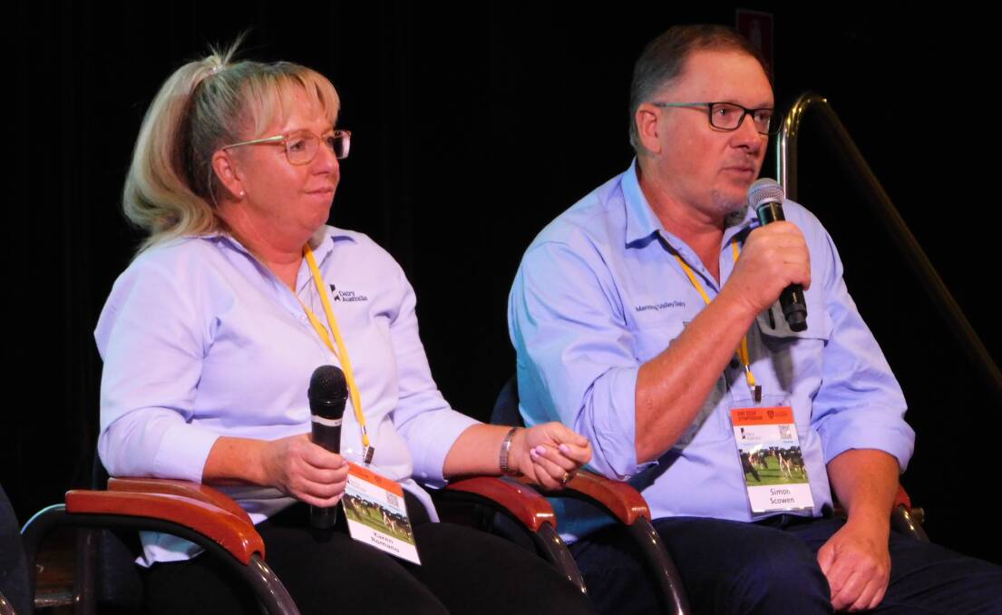 Dairy UP P3 co-lead, feeding and farm systems Dairy Australia Karen Romano and Manning Valley Dairy manager Simon Scowen discuss intensification at the Dairy Research Foundation Symposium at Forster.