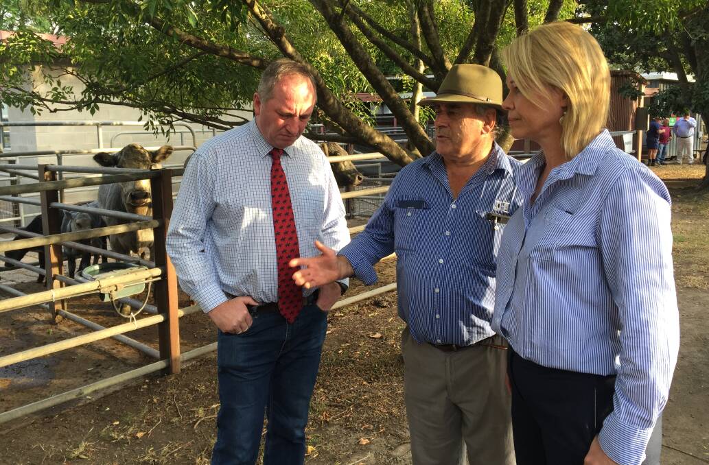 MP Barnaby Joyce, Stock and Station agent Jim Hindmarsh and Gilmore's National Party candidate Katrina Hodgkinson talk about how the drought is affecting the South Coast. Photo: Hayley Warden.