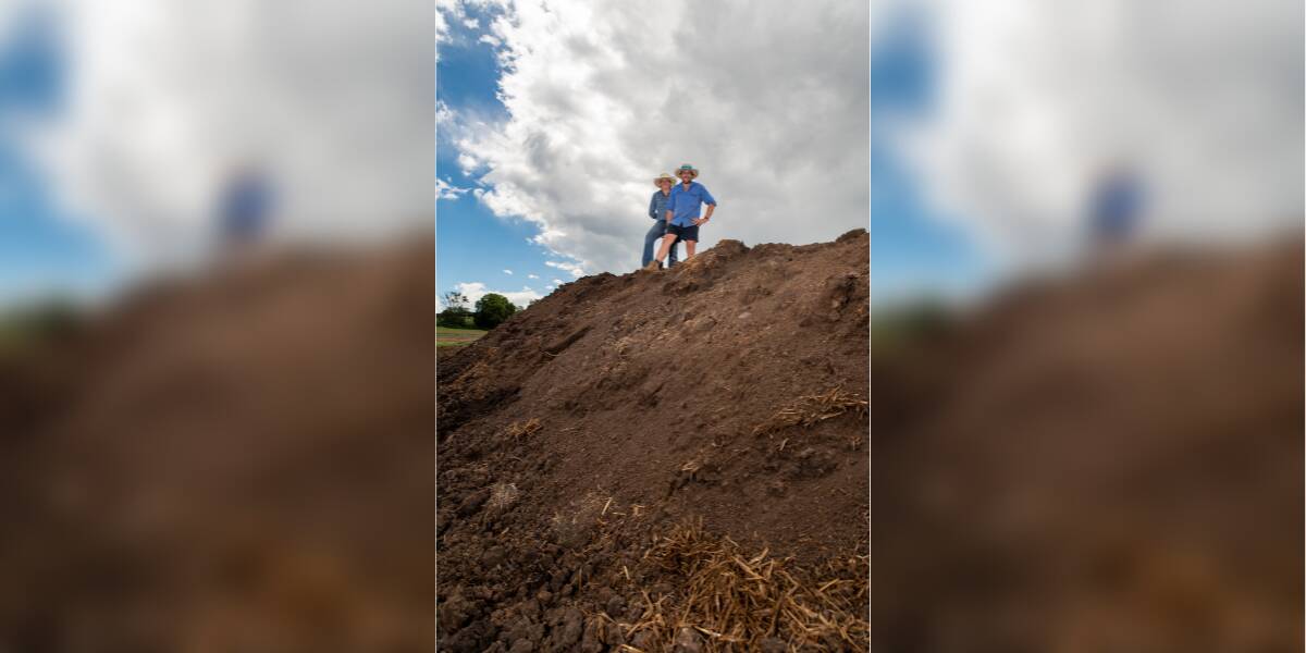 Kait and Brenden Ballon, Hillcrest, Maclagan, are building a composted cow manure pile to boost soil health. Saving on inputs is a bonus. Photos: Brandon Long