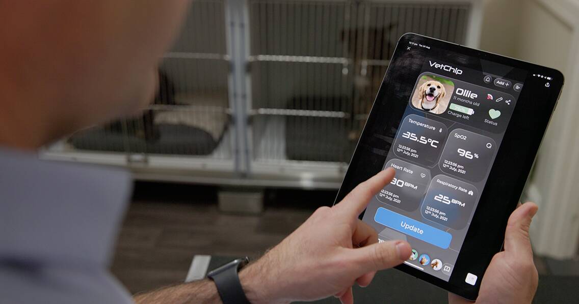 The VetChip features tiny sensors that report on an animal's heart rate, temperature, respiratory rate, stress levels, location and activity, which is relayed to the animals' owners via a smartphone app.
