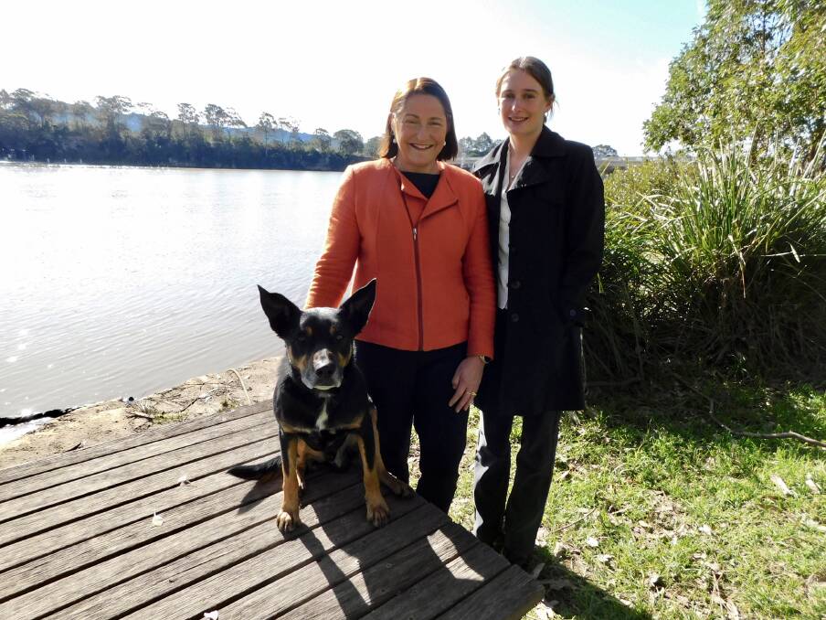 Gilmore MP Fiona Phillips, with her daughter Sophie Phillips and Jip the Kelpie. Photo: Hayley Warden