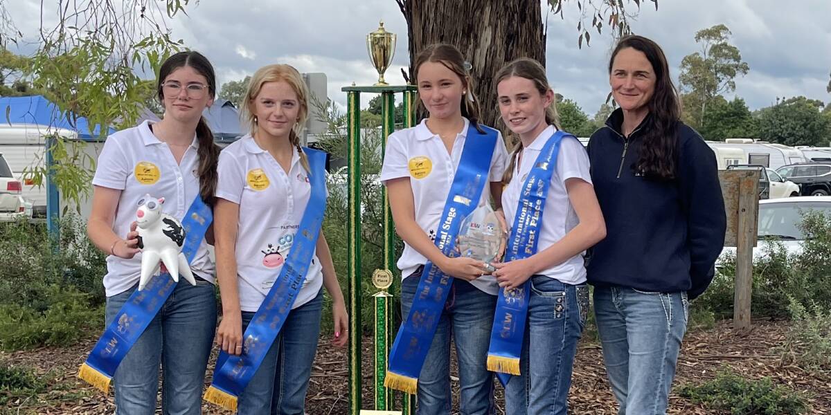 Lucindale Area School's winning team in the Cows Create Careers competition Lacey Grist, Harmony Reed, Paige Pinchbeck and Layla Clarke with ag teacher Lucinda Smith. Pic supplied.