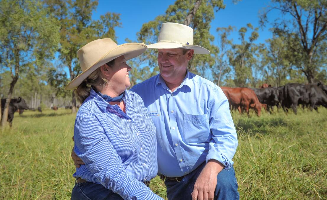 Josie and Blair Angus with steers at "Kimberley Station", near Moranbah. Photo: Kelly Butterworth