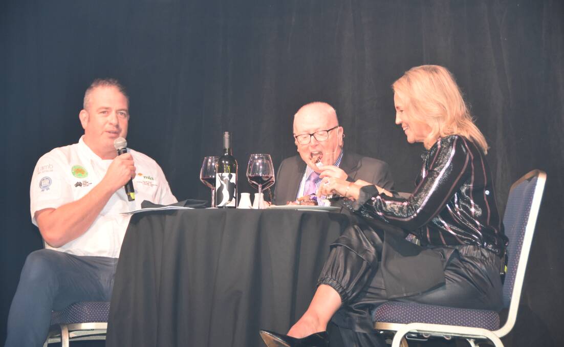 Meat & Livestock Australia's corporate chef Sam Burke discusses Australian beef's attributes in a rather theatrical session where MC Gerry Gannon and ALFA president Barb Madden dined on stage to open Beefex22.