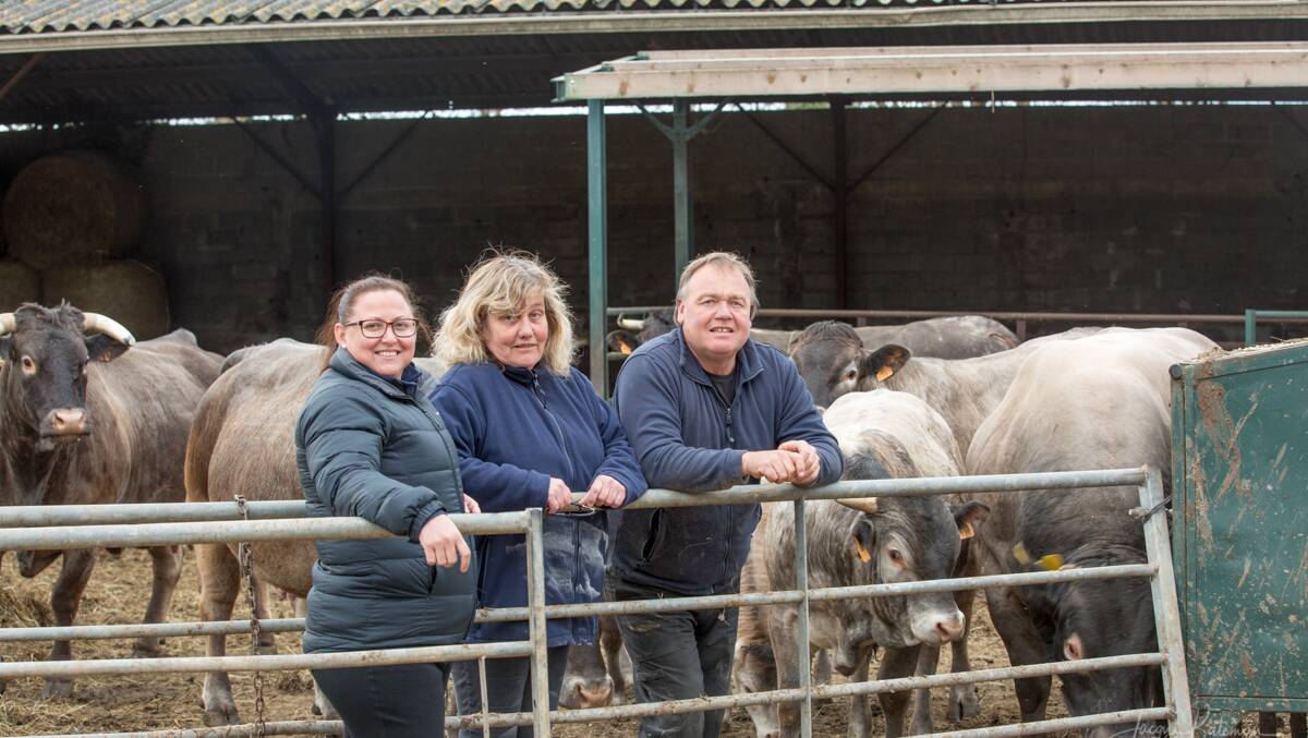 SHARING: Nuffield Scholar Sonya Comiskey with Caron and Andy McCullough at their Bazadaise33 stud in the Bordeaux region of France 2019.