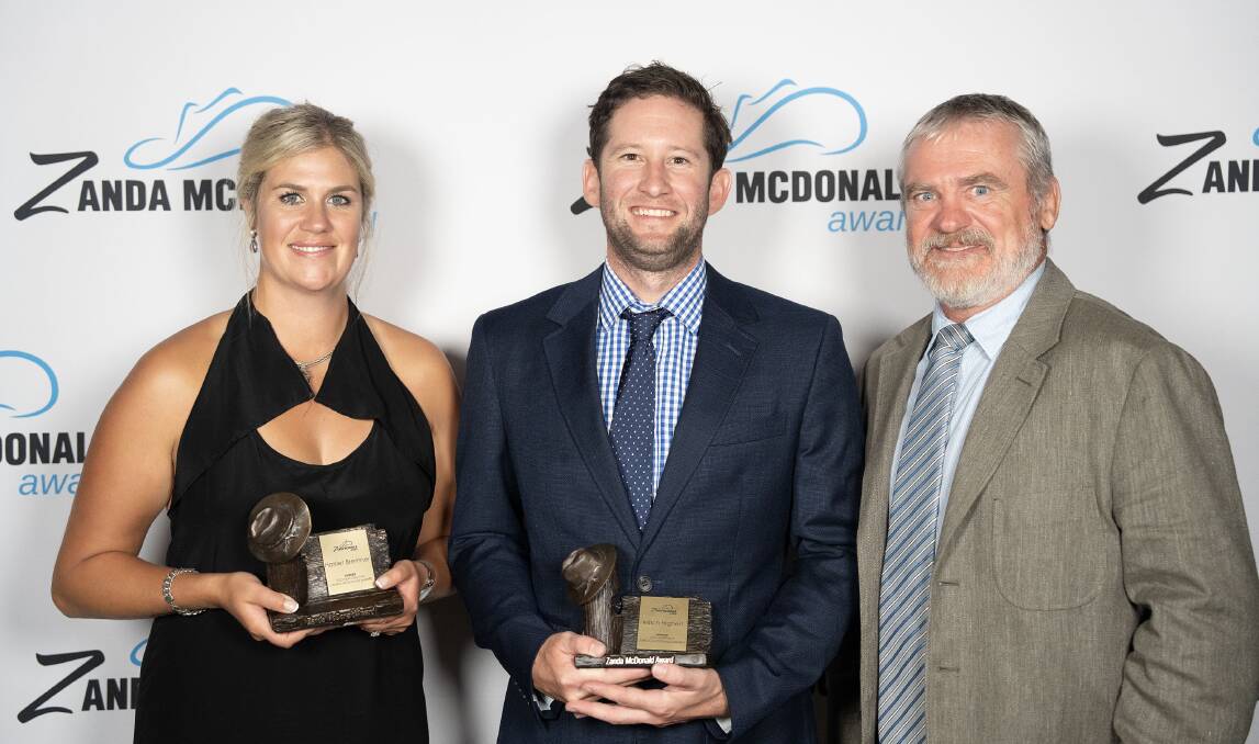 2023 Zanda McDonald Award winners Harriet Bremner, New Zealand and Mitch Highett, Australia, with Craig Chapman, commercial director of ACM Agriculture.