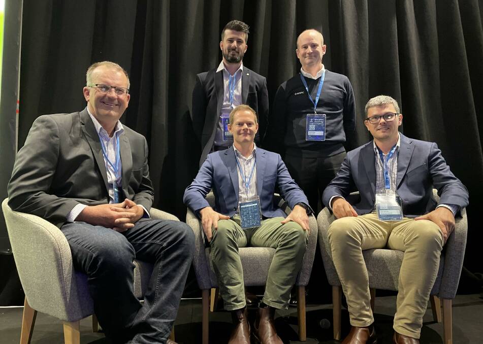 The panel of speakers discussing sustainability at the AMPC conference in Melbourne this week: Coles' Stephen Rennie, Teys' Carl Duncan, Integrity Ag's Stephen Wiedemann, Ndevr Environmental's Dan Raftopoulos and AMPC's Matthew Deegan.