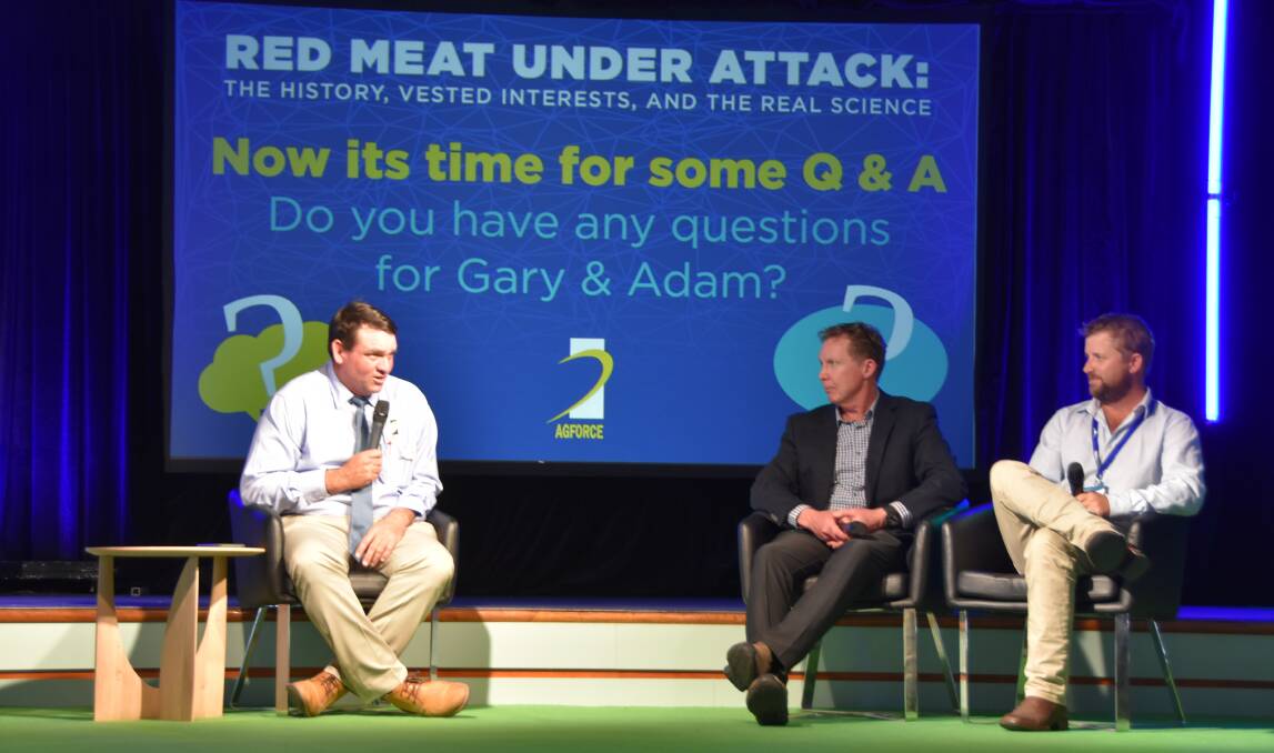 ON STAGE: Agforce's Will Wilson, Dr Gary Fettke and Queensland grazier Adam Coffey at Beef Australia.. 