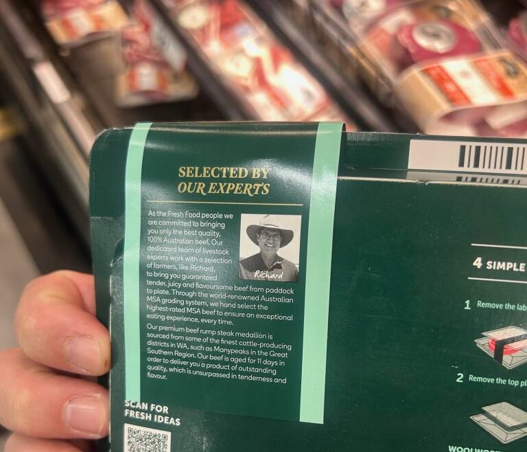Woolworths beef packaging featuring producer Richard Metcalfe, who breeds Angus and Murray Grey cattle on the south coast of Western Australia.