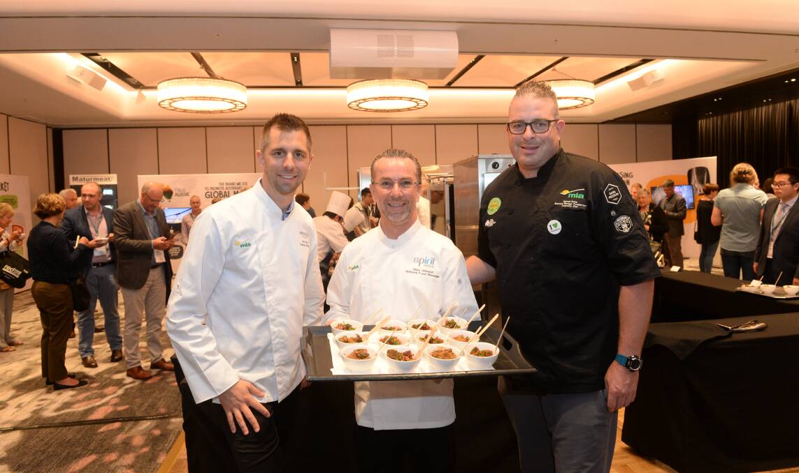 TASTY SAMPLES: Chef Kenneth Bryce, culinary manager for The Coffee Club, group executive chef for Spirit Hotels Gary Johnson and Meat and Livestock Australia's Sam Burke at Red Meat 2018 in Canberra.