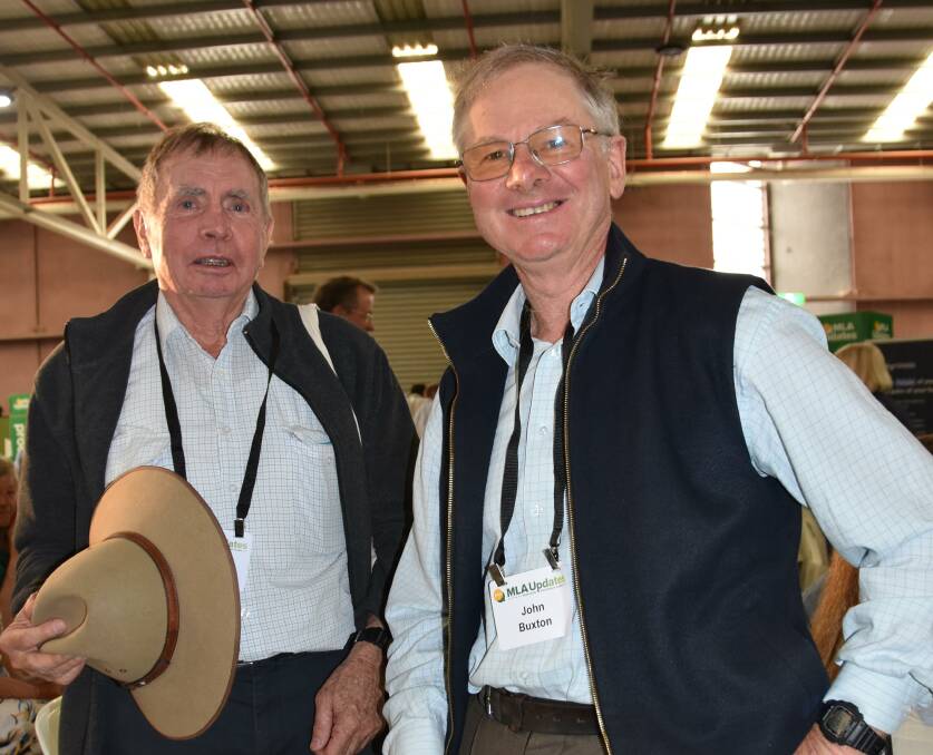 Victorian livestock producers Murray Buzza and John Buxton at the MLA Updates event.