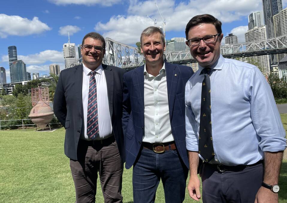 GROUNDBREAKING: AACo chief executive officer Hugh Killen (centre) with Meat & Livestock Australia managing director Jason Strong and Minister for Agriculture David Littleproud at the launch of the company's sustainability framework in Brisbane.