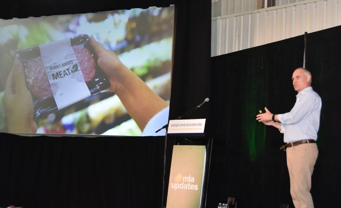 MLA's Nathan Low talks plant-based meat at the organisation's Updates forum in Toowoomba, Queensland, this week.