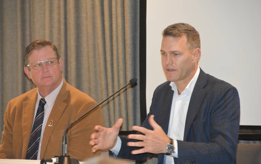 Branded beef owners Blair Angus and Mick Hewitt speaking at the Droughtmaster Society conference in Brisbane.