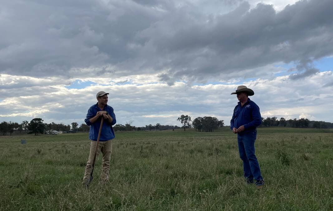 Maia Grazing's Bart Davidson and Woodburn general manager Grant Wickham talking soil health.