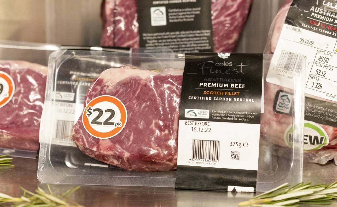 Coles carbon neutral beef brand in store.