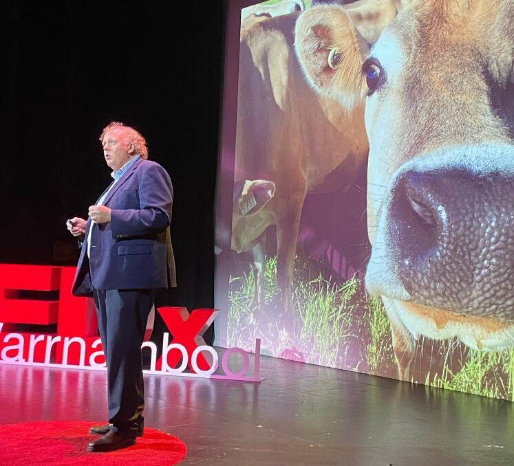 HAPPY: Associate professor in cattle medicine David Beggs talking about the animal welfare implications of the way cattle are raised at a Tedx Talk.