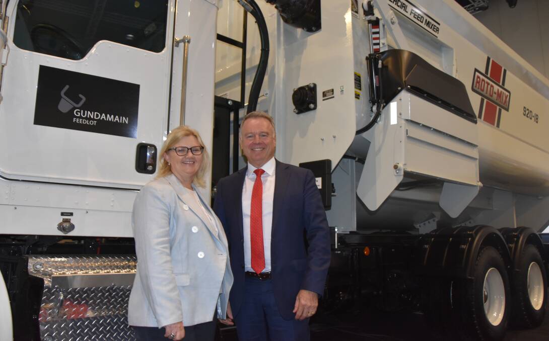 Outgoing president of the lot feeders' association Tess Herbert with shadow agriculture minister Joel Fitzgibbon at BeefEx 2018 in Brisbane this week.