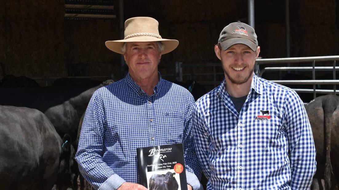  ON THE JOB: Angus Australia president Brad Gilmour and breed development officer Matt Reynolds.