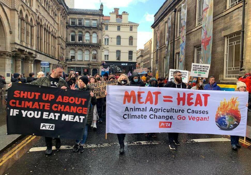 IN PROTEST: While producers might feel anti-meat protests dominated media coverage during Glasgow's COP26, experts say the conversation around livestock and climate change has actually become more balanced. IMAGE: PETA 