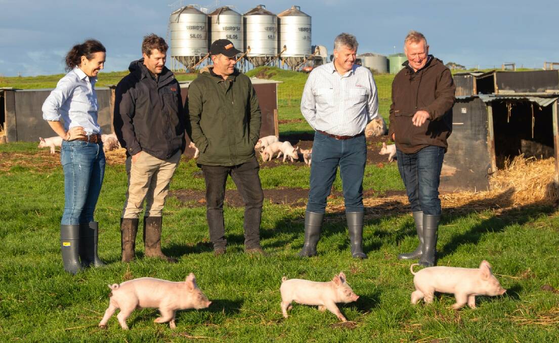 Coles' livestock sustainability and innovation manager Maria Crawford, Milne AgriGroup farming partners Michael and Joe Flavel, Coles' national livestock manager Dale Pemberton and Milne AgriGroup general manager David Plant. Picture via Coles.