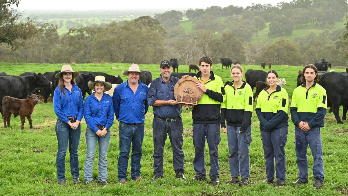 WINNERS: The WA College of Agriculture, Harvey, won this years Harvey Beef Gate 2 Plate Challenge with a team of Charolais-Angus cross calves. Celebrating the win at the college on Monday were Kira Chatley, Adele Martin, Jonathon Green, Ian Millichamp, Stockden Ottrey, Angeline Alley, Ellouise Angi and Roman Torrisi.