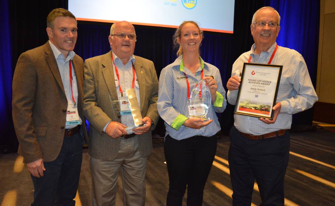 Presenting the award to Emily Pollock at BeefEx yesterday were Performance Feeds director Bill James, general manager Scott Sloss and life member of the Australian Lot Feeders’ Association Malcolm Foster. 