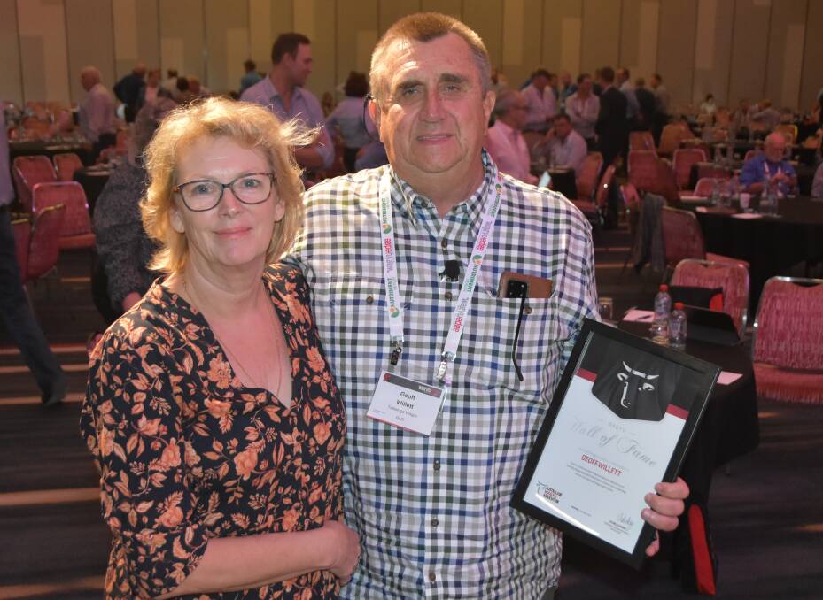 RECOGNISED: Rebecca and Geoff Willett collecting the Wagyu Hall of Fame recipient award at the Australian Wagyu Association's annual conference on the Gold Coast yesterday.