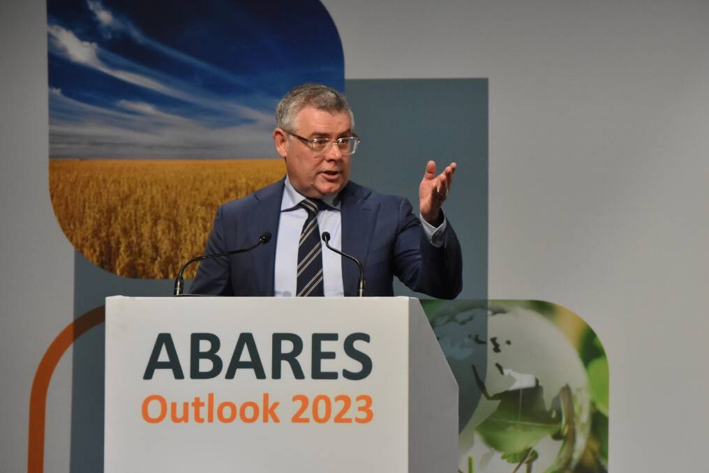 Minister for Agriculture Murray Watt opening the big government farm forecasting event Outlook 2023 in Canberra this morning. Picture by Shan Goodwin.