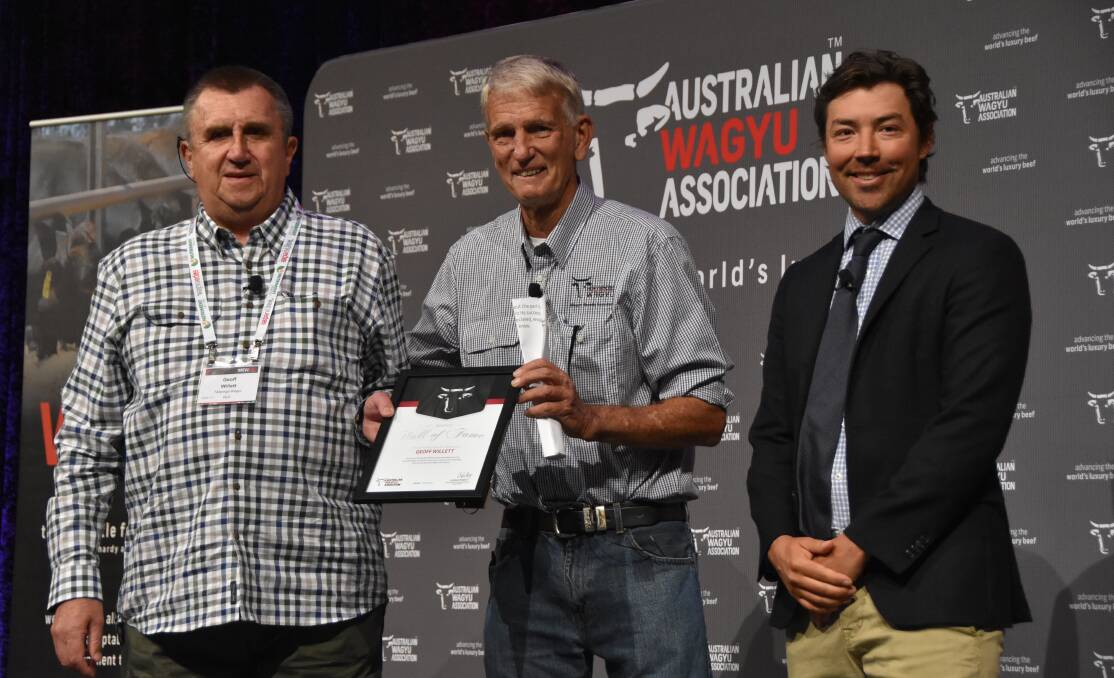 HONOUR: Geoff Willett, former Maydan head stockman Alan Hoey and Australian Wagyu Association president Charlie Perry with the Hall of Fame award.