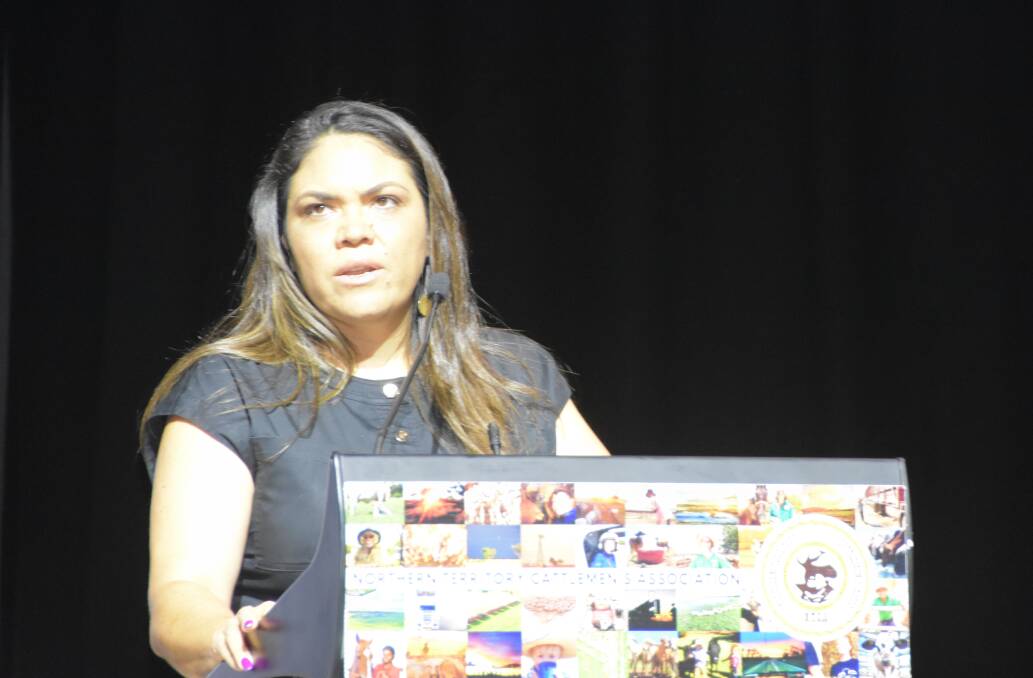 Northern Territory Senator Jacinta Nampijinpa Price speaking at the NTCA conference in Darwin. Picture by Shan Goodwin.