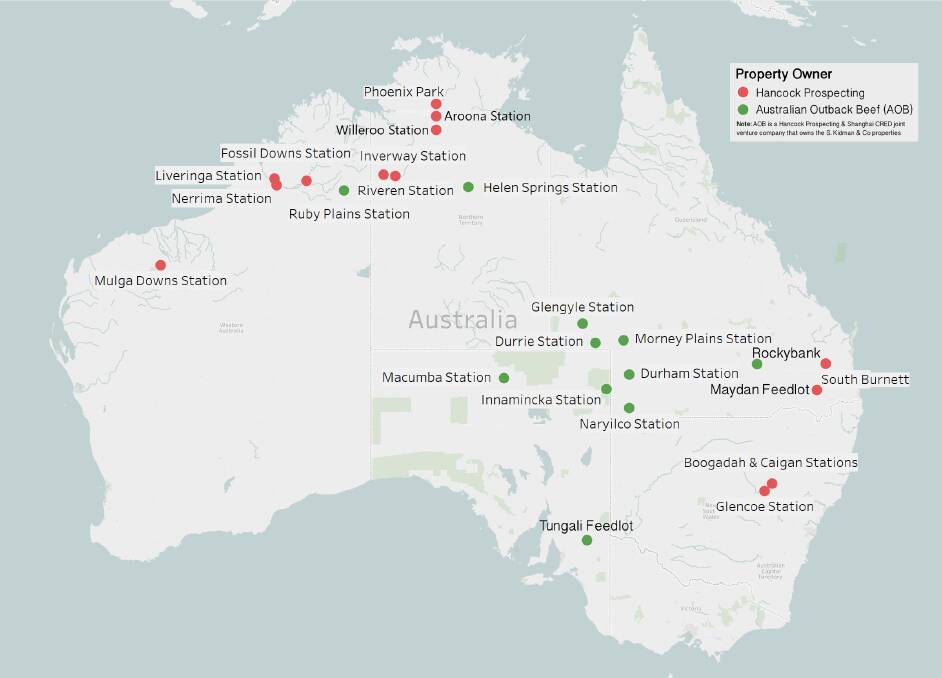 Gina Rinehart's pastoral empire in northern Australia is being consolidated. She bought up big in only a few years. Graphic: Hancock Prospecting.