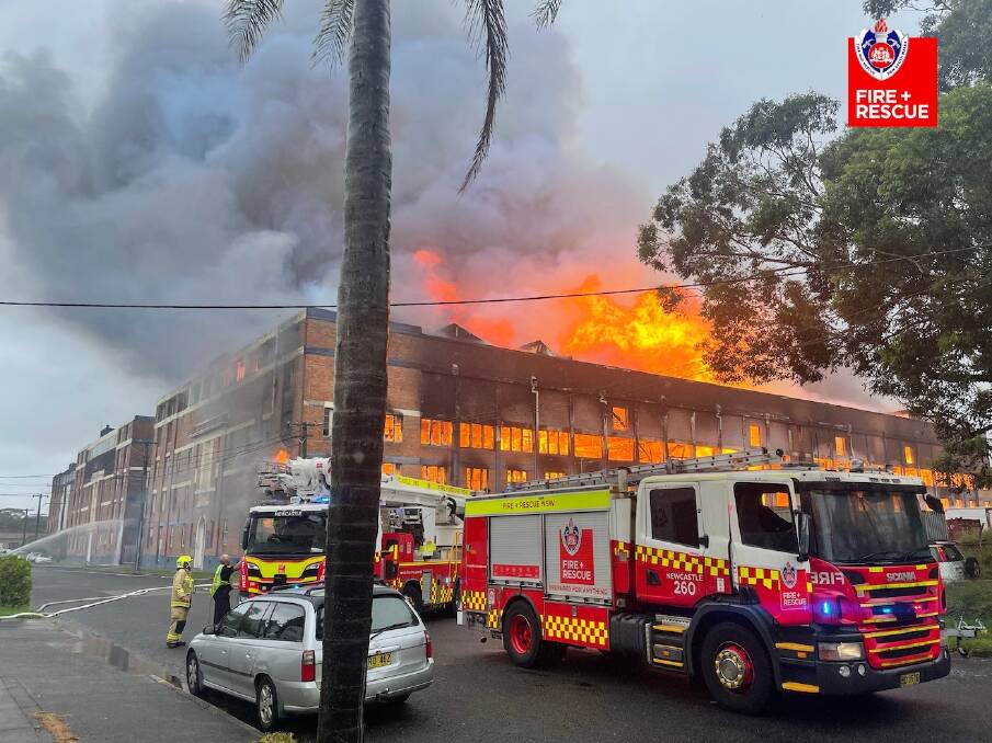 BIG BLAZE: The famous wool row at Newcastle was once the biggest wool selling centre and handler in NSW. Picture: Picture: Fire & Rescue NSW.