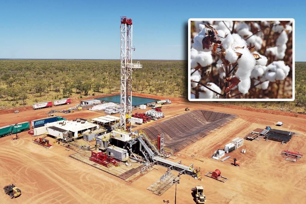 Exploratory drilling for shale gas in the NT (main picture), and cotton being grown on wet season rains across former cattle country.