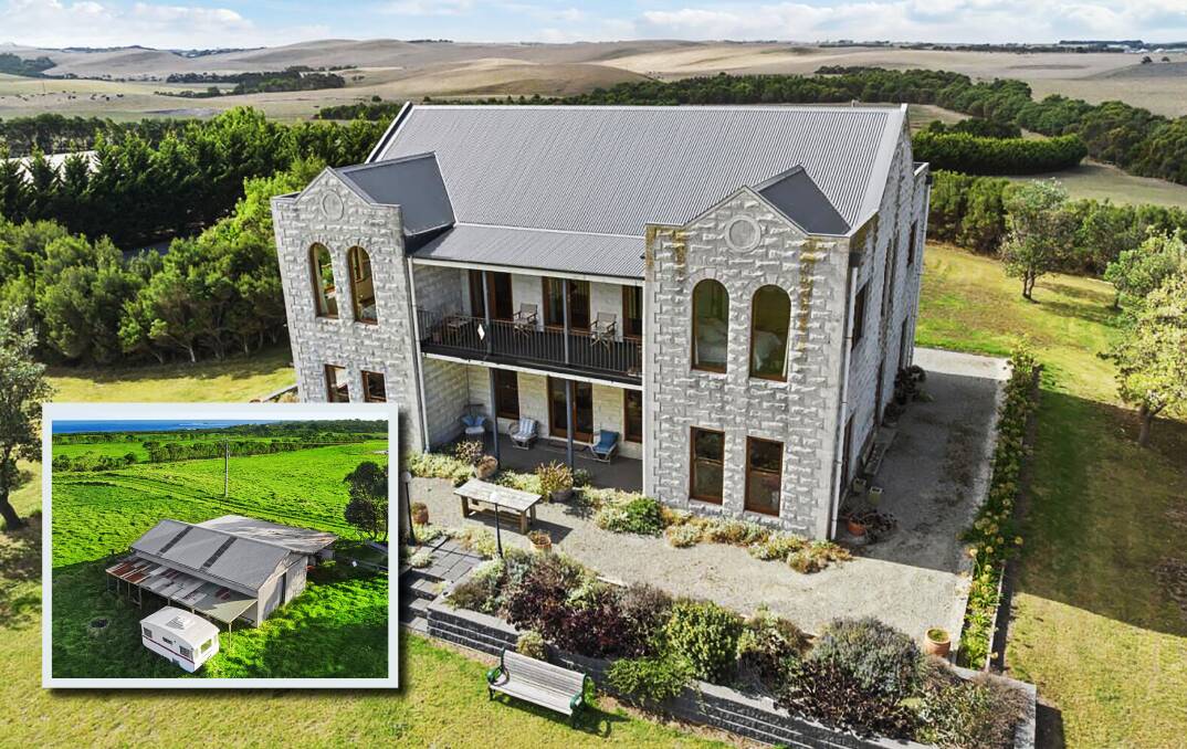 Neighbouring farms in South Gippsland with the same amount of grazing land for sale but with vastly different "housing". Toad Hall has become a Bass Coast landmark while (inset) this modest shack on the Cape Paterson farm sold for $5m earlier in the month.