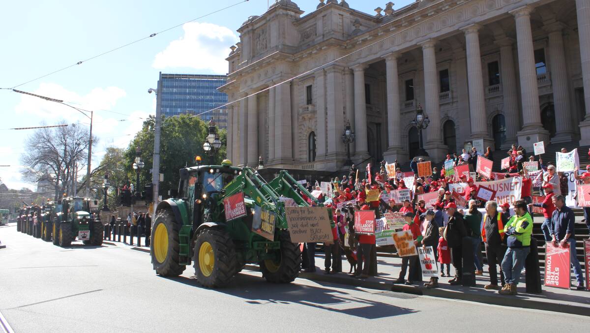 Protesters rallied outside Parliament House in Melbourne last week in opposition to plans for the VNI West project. Picture by Holly McGuinness
