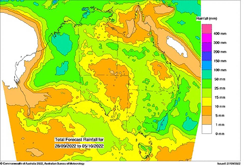 Total forecast rain for the next eight days shows forecasters are expecting little of the continent will be dry. Graphic from Bureau of Meteorology.