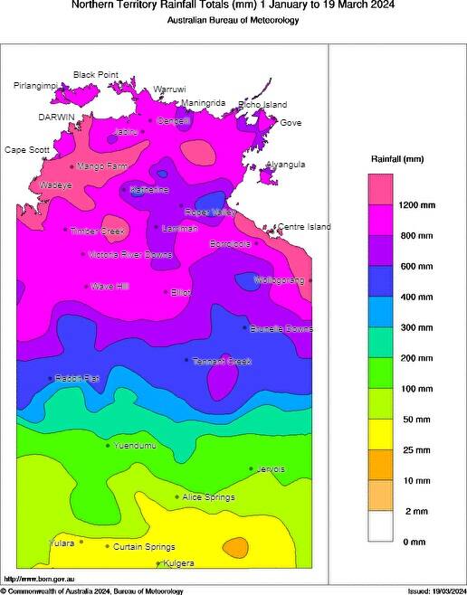 Rain across the NT so far this year, in a strong wet season. Graphic: BOM.