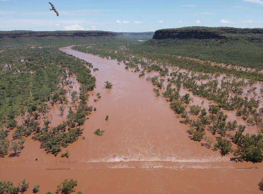 That ripple in the middle of the muddy floodwaters is the almost 20 metre high Victoria River Crossing bridge. Pictures supplied