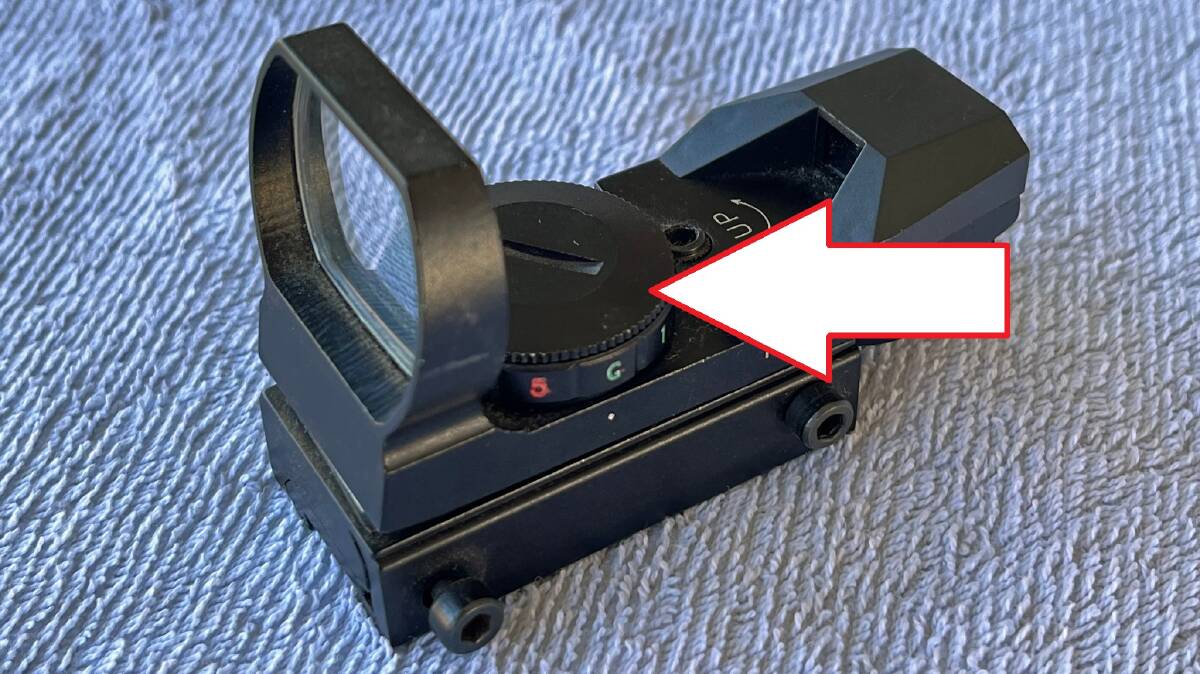 SAFETY WARNING: A gun sight powered by a small battery subject to new safety laws this week. The battery is covered by a small screw-in lid as indicated. Picture: Shooters Union Australia. 