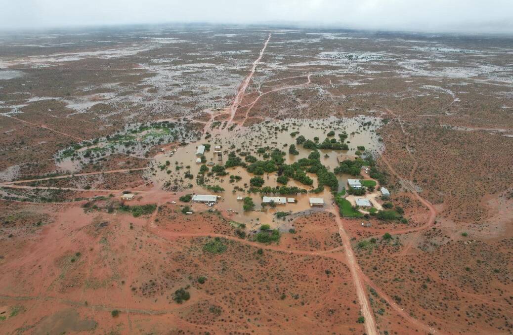 This aerial shot of the mighty Rawlinna sheep station's homestead on the Nullarbor shows the impact of the latest flooding rain. Picture: Rawlinna Station.
