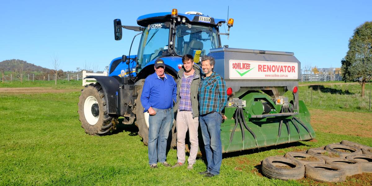 RENOVATOR: Steven Whitsed, Keenan Whitsed with the Soilkee Renovator and Matthew Warnken from Agriprove. The renovator will be on display at the National Carbon Farming Conference.
