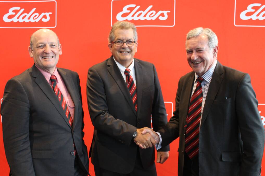 Elders chief executive officer Mark Allison, departing chairman Hutch Ranck and incoming chairman Michael Carroll at the company's annual general meeting today.