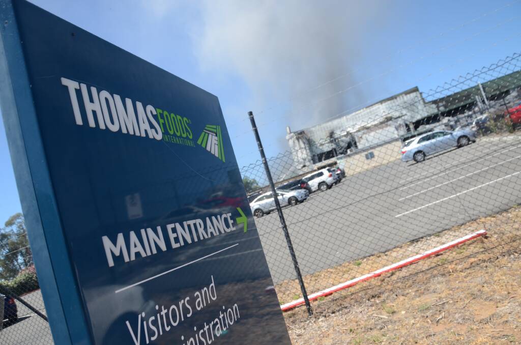 FACTORY FIRE: On January 3, 2018, a fire tore through the boning and storage facilities at the former TFI plant beside the Rocky Gully wetland on Mannum Road. Photo: PERI STRATHEARN