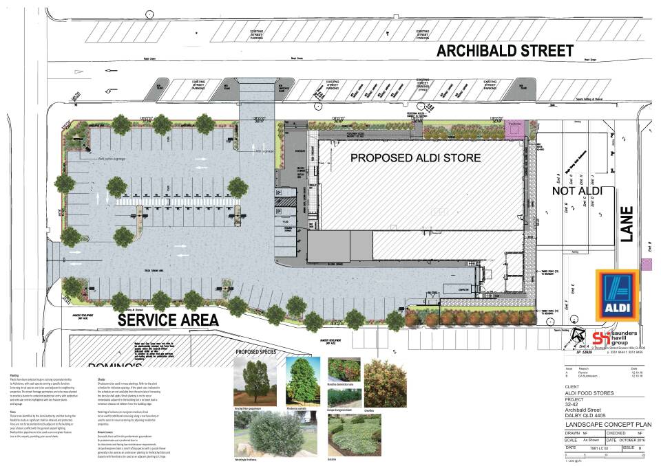 Detailed landscape plans of the proposed ALDI store which is set to be constructed on the corner of Archibald and Condamine Street, Dalby.
