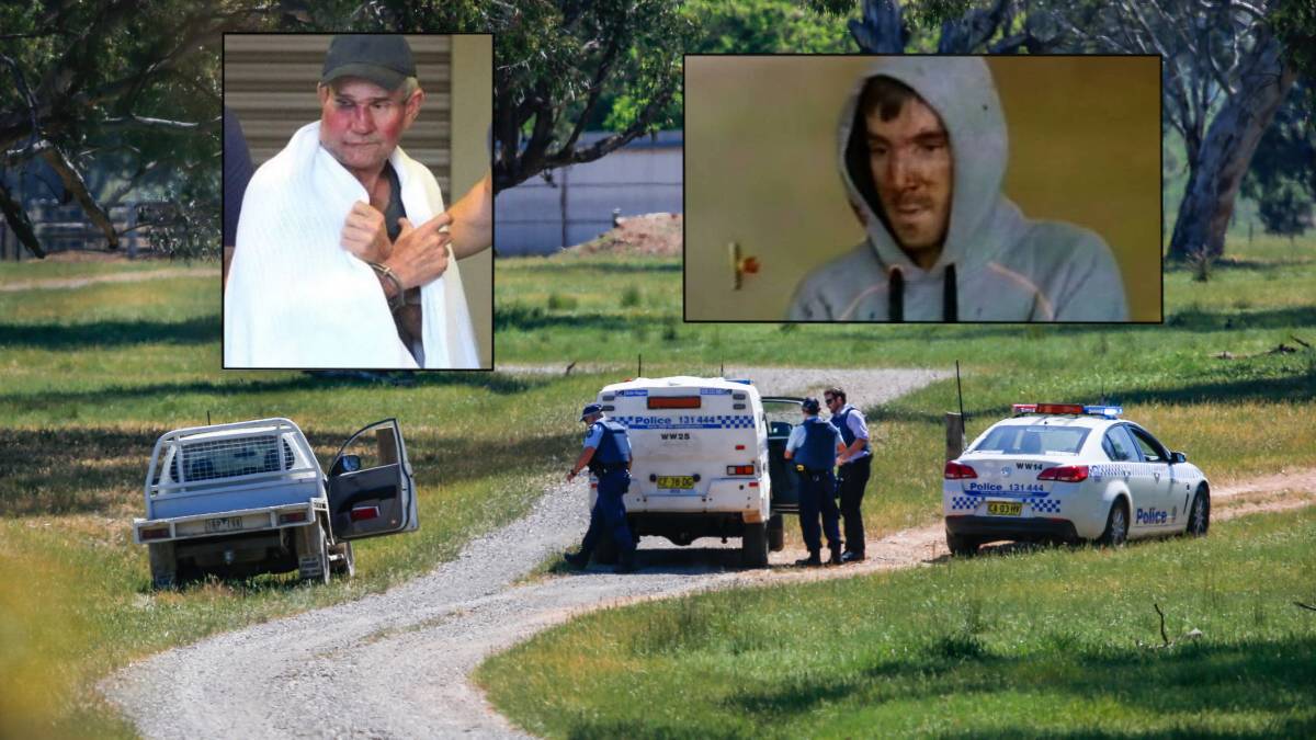 Court order: Police in a paddock during the manhunt in October, 2015, to catch Mark Stocco, pictured right, and Gino Stocco, left. Photos: Mark Jesser, David Moir, Channel 9