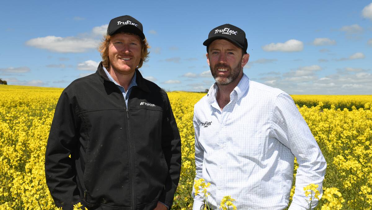 Hugh Trenorden, right, Bayer regional manager, Western Australia, with mid-west WA grower Tim Hayes.