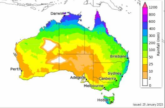 Total rainfall tallies that have a 75 per cent chance of occurring for February to April. Source BOM
