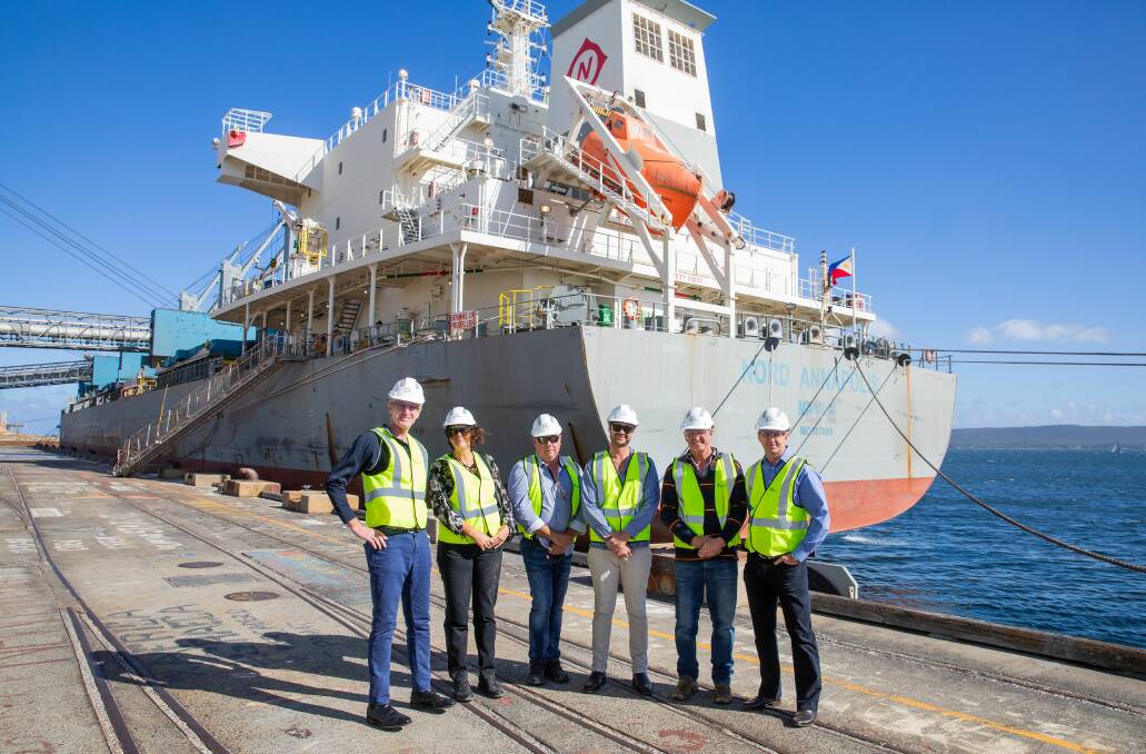 NEW ERA: CBH head of accumulation Trevor Lucas, WA grain growers Nicole Read, Darren Baum, Lachy Mcfarlane and Bill Bailey along with CBH business relationship manager Rodney Scott at Albany with the consignment of malt barley headed to Mexico. Photo: Nic Duncan.